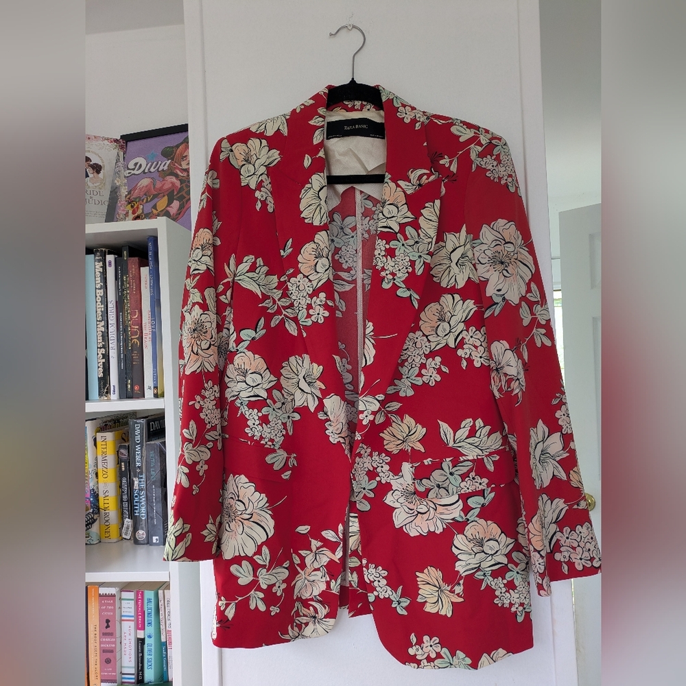 Zara Basic Red Floral Blazer Medium